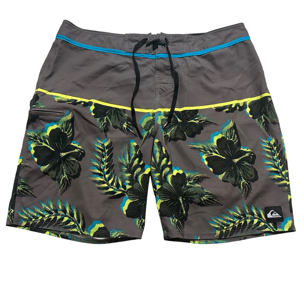 Quiksilver Mens Gray Tropical Floral Board Shorts Neon Yellow Teal Size 36